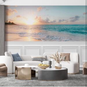 Sunset Shore Wallpaper Mural - Blue & Cream Beach Scene